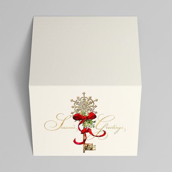 ornate card with key and red ribbon, customizable text area