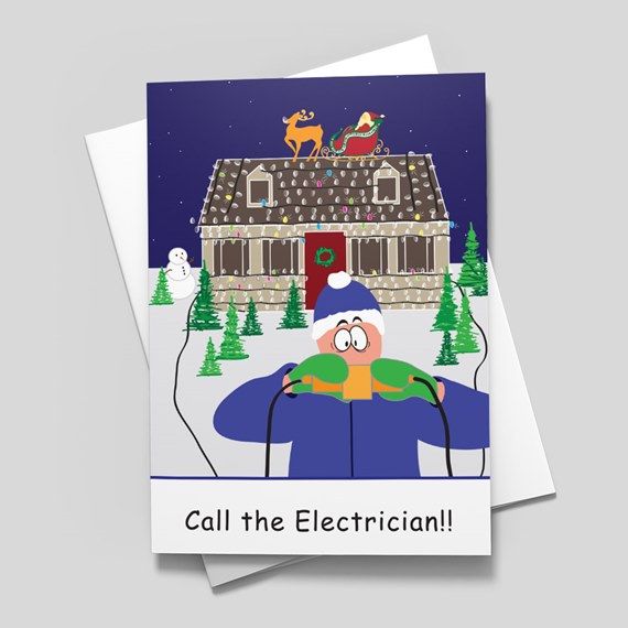 cartoon Christmas card with house, snowman, trees, and character holding wires