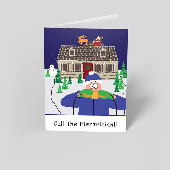 cartoon Christmas scene with electrician, house, snowman, trees, text area