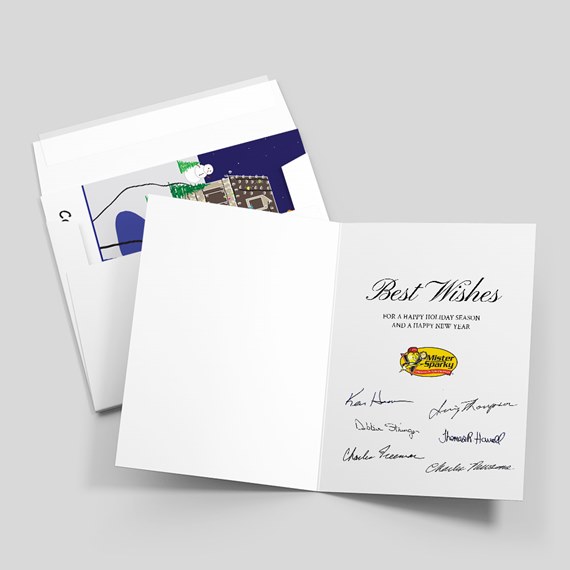 holiday card with snowy scene and signatures