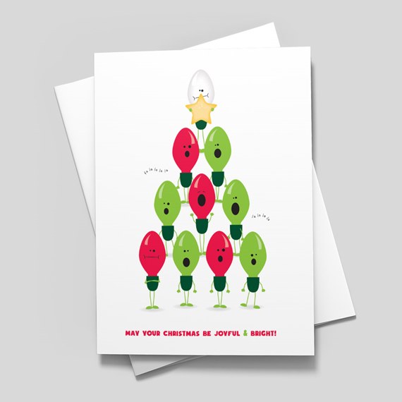 Illustration of a Christmas tree made of light bulbs with festive text