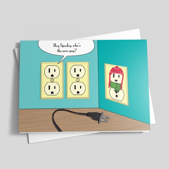 cartoon electrical outlets with snowman, speech bubble, power cord