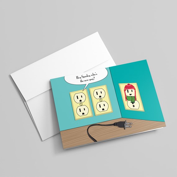 humorous greeting card with cartoon outlets and speech bubble