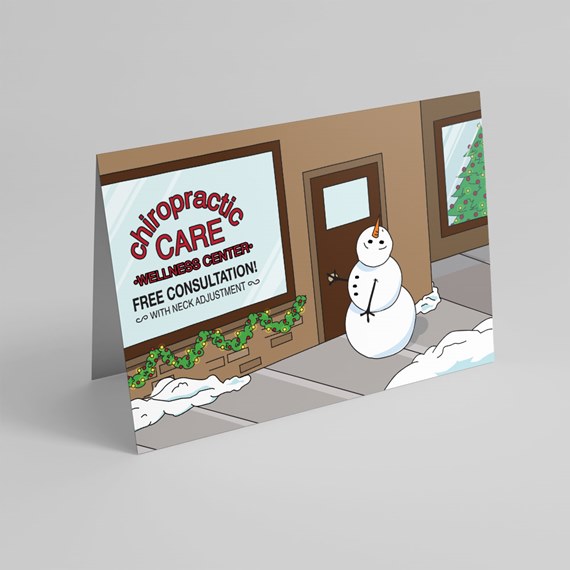 cartoon wellness center with snowman and holiday decorations