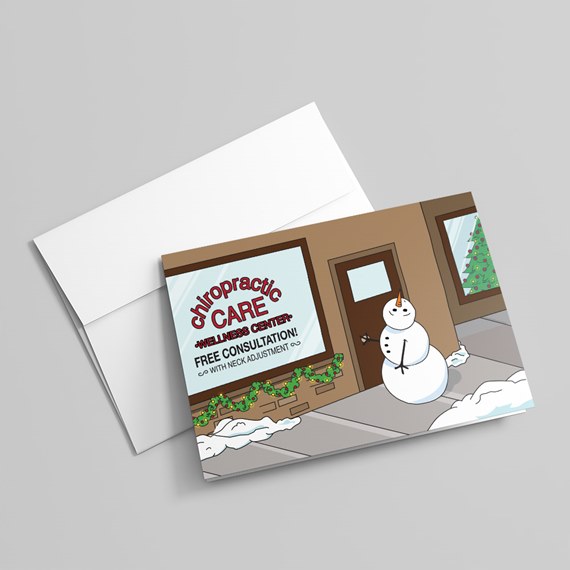 chiropractic care center illustration with snowman and snow