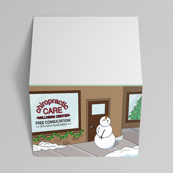 illustration of chiropractic clinic with snowman and holiday decorations