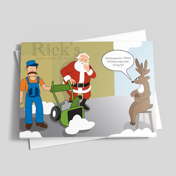cartoon scene with Santa, a worker, and a reindeer, speech bubble included