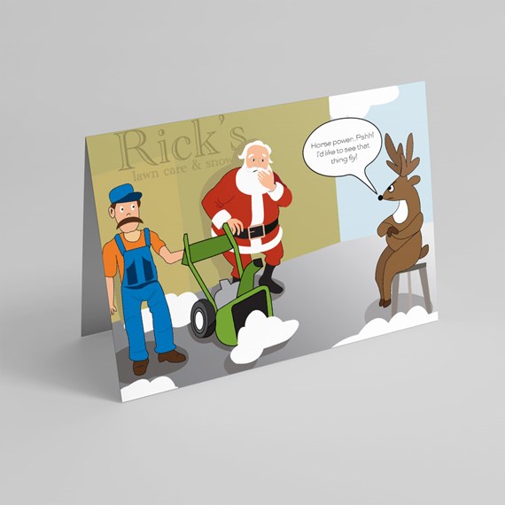cartoon scene with Santa, a man and a reindeer, snowblower, speech bubbles