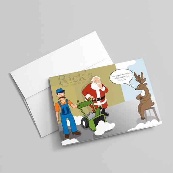 cartoon scene with lawn care, Santa, and reindeer
