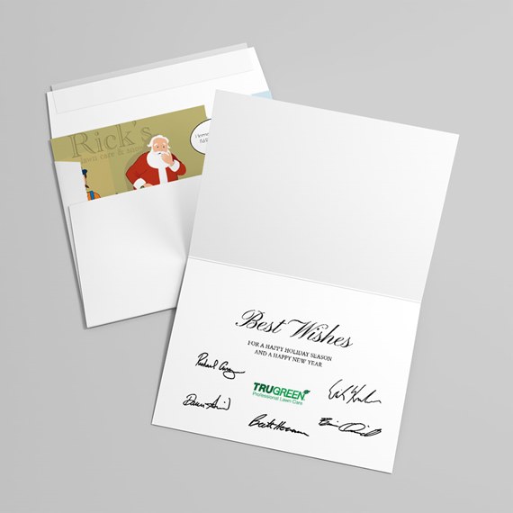 holiday card with Santa illustration and interior message