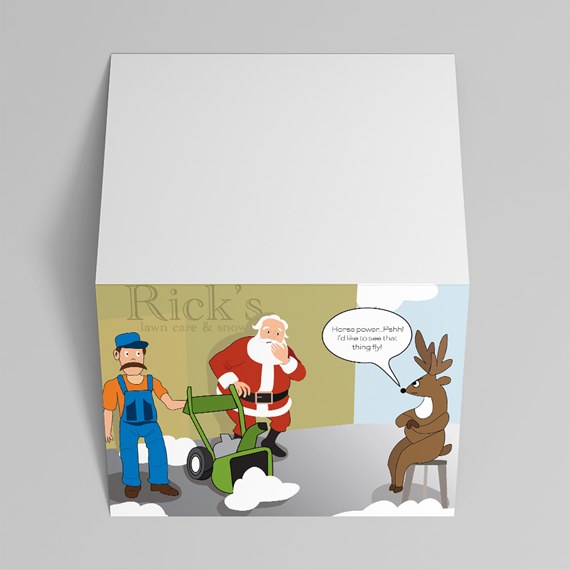 cartoon scene with Santa, worker, and reindeer