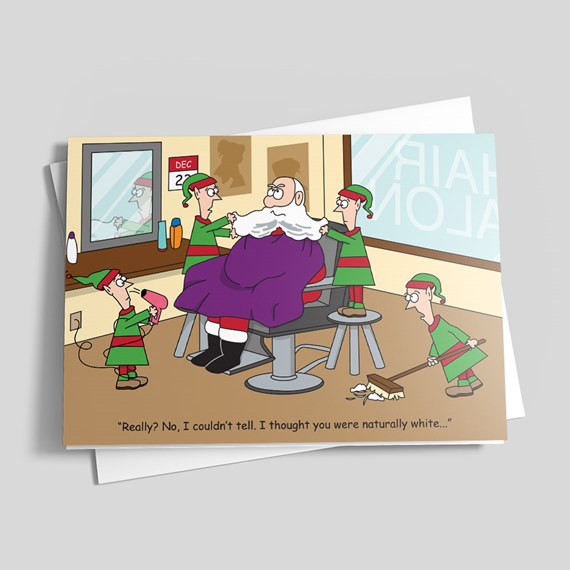 cartoon hair salon scene with Santa and elves