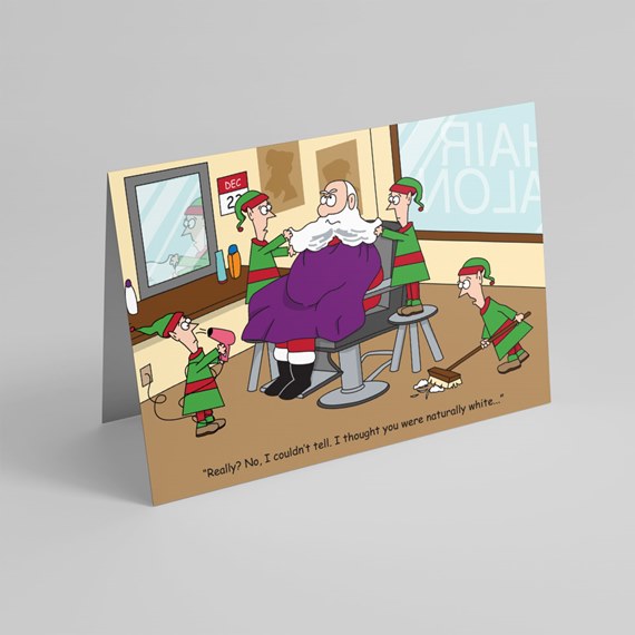 cartoon Santa in barber chair with elves, humorous text