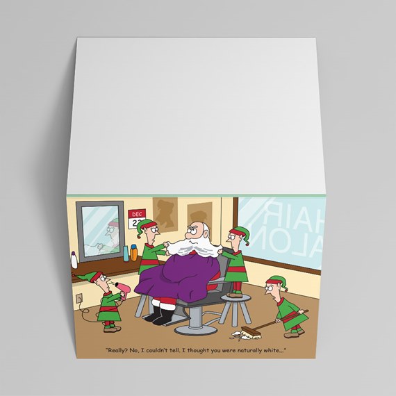 cartoon Santa in barber chair with elves, humorous caption