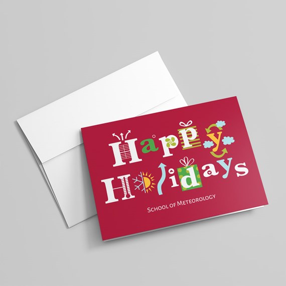 holiday greeting card with colorful text and logo placeholder