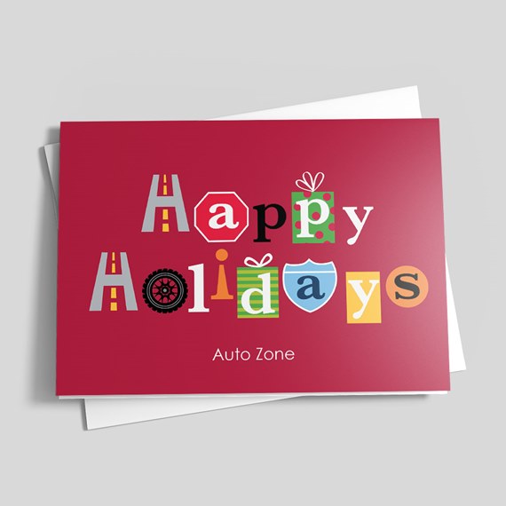 Holiday greeting card with colorful text and decorative elements