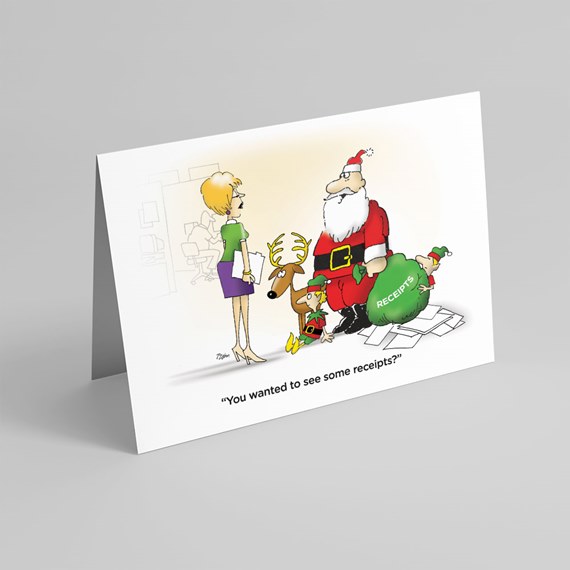 cartoon with Santa, woman, reindeer, and elves