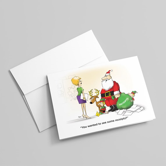 cartoon of Santa with receipts and a woman