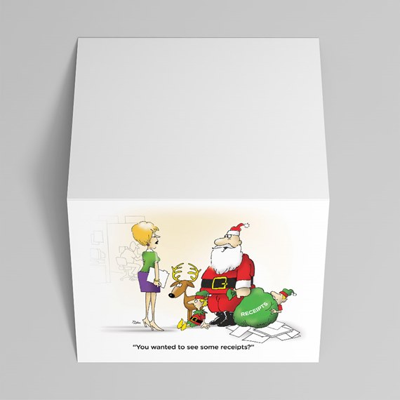 cartoon with Santa, woman, reindeer, and receipts
