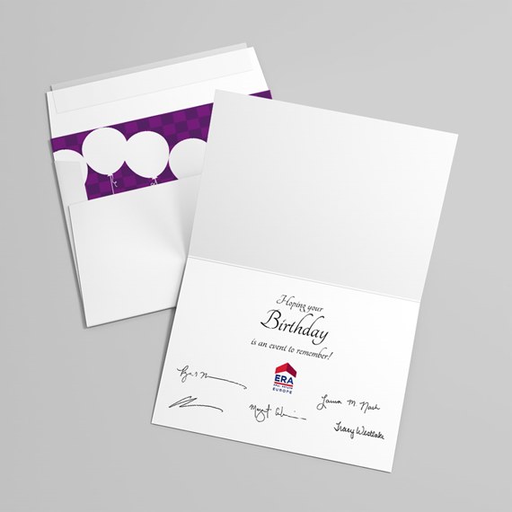 greeting card with purple checkerboard and balloon design