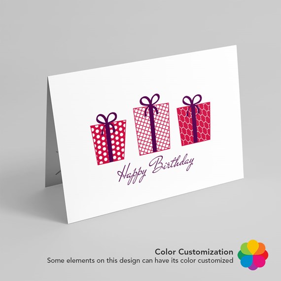 greeting card with gift boxes and birthday message