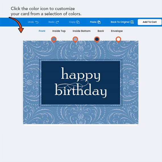 blue birthday card with dark blue text area and white lettering