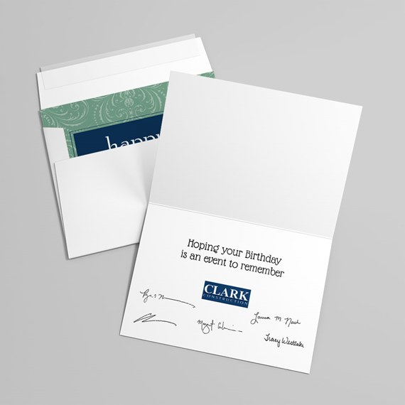 open birthday greeting card with blue and green design