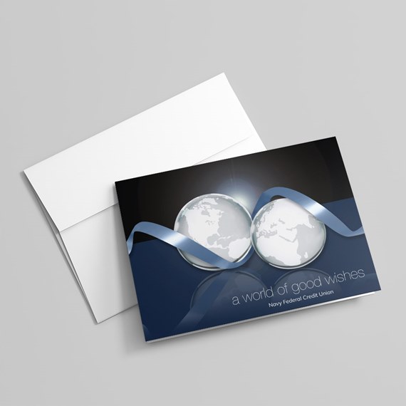 card with globe design and blue ribbon, customizable text area
