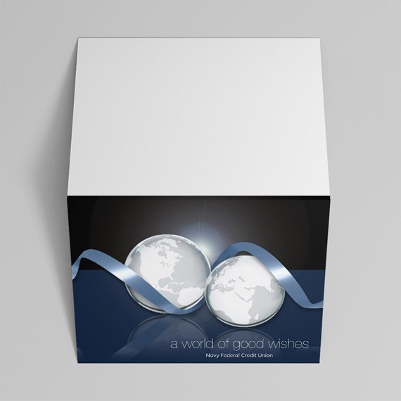 box design with globe illustrations and blue ribbon