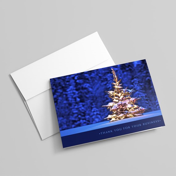 card with snowy tree and thank you message, photo placeholder