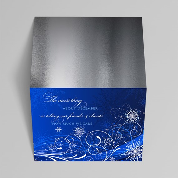 blue and silver card with snowflakes and text