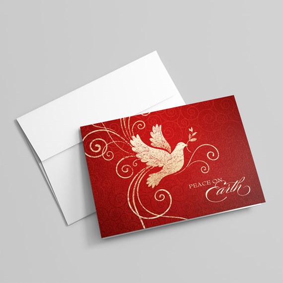 greeting card with dove and decorative swirls