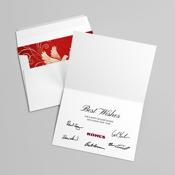 holiday greeting card with red inner pattern and white text