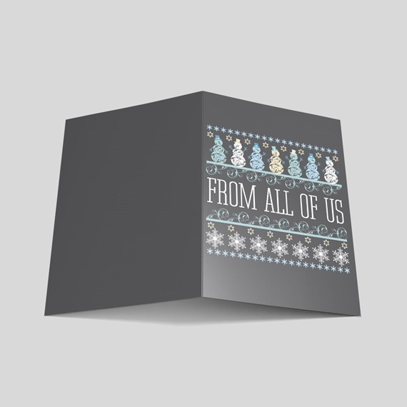 greeting card with snowmen and snowflakes, photo area