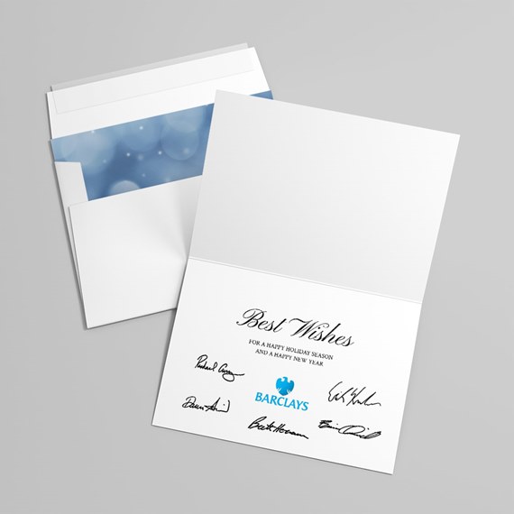greeting card with signatures and blue logo, photo placeholder