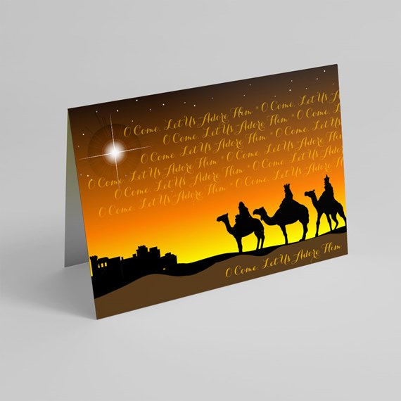 greeting card with camel silhouettes and gold text