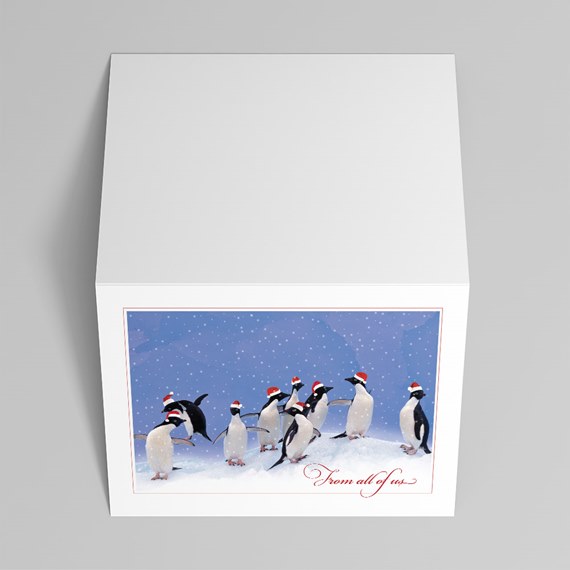 penguins in santa hats, snowy background, customizable text area