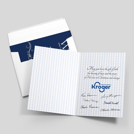 open greeting card with floral pattern and text