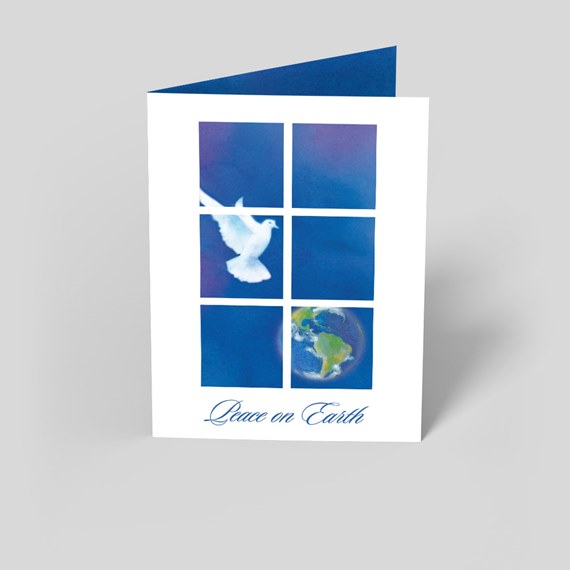 greeting card with dove and globe design, customizable text area