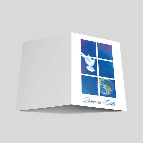card with photo frames and dove on blue background, customizable text area