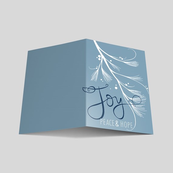 card design with blue background and white floral illustration, text area