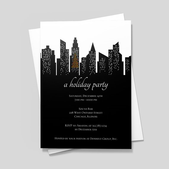 black holiday party invitation with city skyline and colorful tree