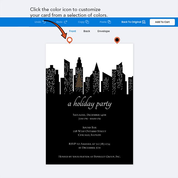 holiday party invitation with skyline and colorful tree design