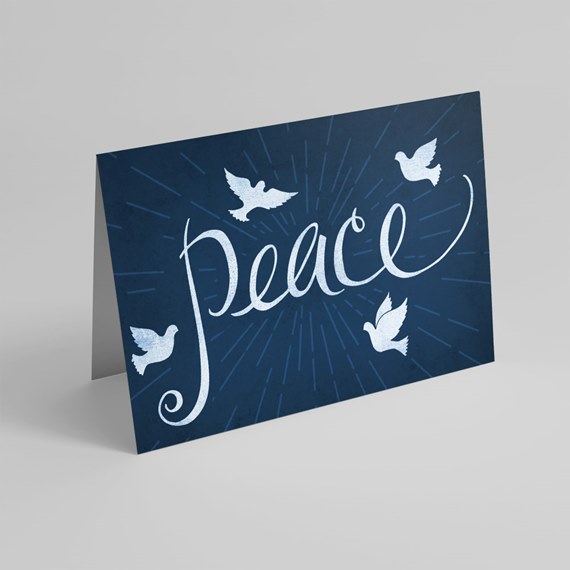 Dark blue card with white text and dove illustrations