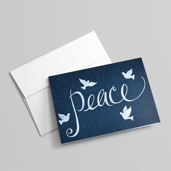 greeting card with peace text and dove illustrations