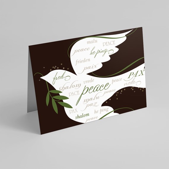 dove design with peace words in multiple languages
