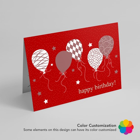 red birthday card with balloon designs and text