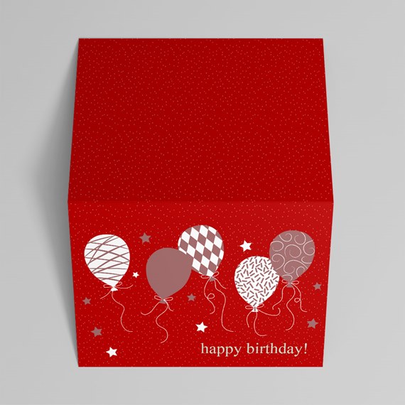 red birthday card with balloons and stars