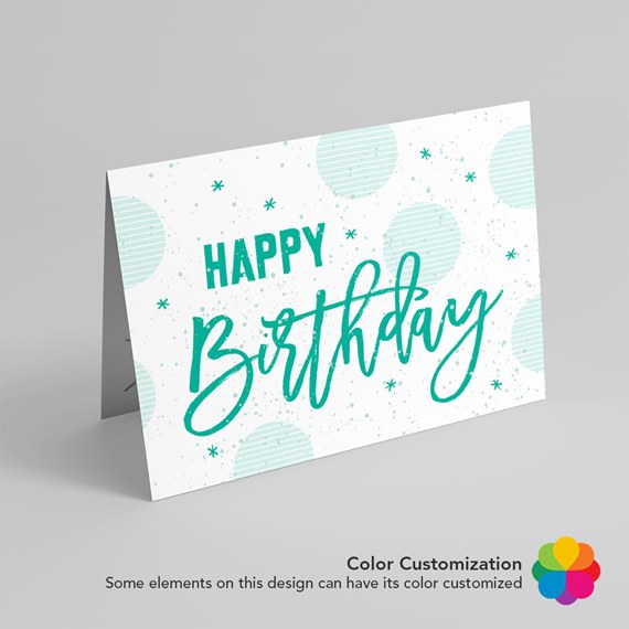 birthday card with teal text and polka dots, customizable text area