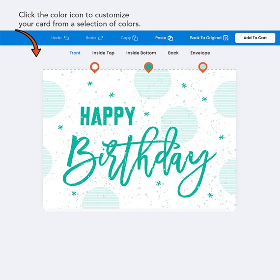 birthday card design with teal text and polka dots
